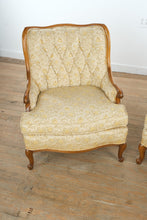 Load image into Gallery viewer, Pair of Vintage French Provincial Tufted Lounge Chairs – Floral Upholstery & Carved Wood Frames