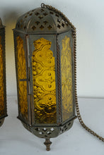 Load image into Gallery viewer, Pair Vintage Hanging Metal Lanterns with Amber Glass Panels Moroccan Style