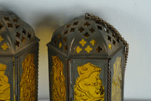 Load image into Gallery viewer, Pair Vintage Hanging Metal Lanterns with Amber Glass Panels Moroccan Style