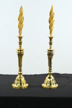 Load image into Gallery viewer, Pair of Tall Brass Candlesticks with Swirled Tapered Candles