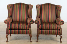 Load image into Gallery viewer, Pair of Broadmoor Wingback Chairs – Bold Striped Upholstery, Classic Carved Legs, Accent Pillows
