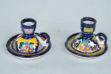 Load image into Gallery viewer, Hand Painted Mexican Talavera Style Candle Holders Pair Hecho a Mano Folk Art Pottery