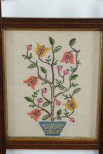 Load image into Gallery viewer, Pair Jacobean Style Crewel Embroidery Panels Deer and Floral Needlework 16x18