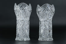 Load image into Gallery viewer, Set of Two Cut Crystal Vases with Scalloped Rim and Starburst Panels