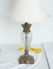 Load image into Gallery viewer, Pair of Ribbed Clear Glass Table Lamps 26 Inch Bronze Finish with White Shades