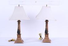 Load image into Gallery viewer, Pair Neoclassical Gold Table Lamps Lion Head Column Form 29 Inch
