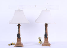 Load image into Gallery viewer, Pair Neoclassical Gold Table Lamps Lion Head Column Form 29 Inch