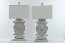 Load image into Gallery viewer, Lillian Home Thalia Carved Wood Table Lamps Pair Ivory Gold French Country 34 Inch
