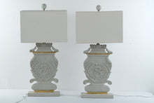 Load image into Gallery viewer, Lillian Home Thalia Carved Wood Table Lamps Pair Ivory Gold French Country 34 Inch