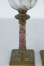 Load image into Gallery viewer, Antique French Brass And Marble Oil Lamp Pair With Glass Fonts