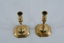 Load image into Gallery viewer, Pair of Vintage Solid Brass Candlesticks – Faceted Stem & Octagonal Base – 7” Tall Traditional Style