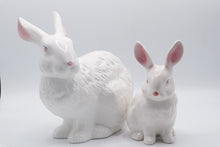 Load image into Gallery viewer, White Ceramic Rabbit Figurines Pair Large and Small Pink Accents Easter Decor