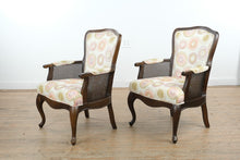Load image into Gallery viewer, Pair Traditional Upholstered Armchairs with Cane Sides and Cabriole Legs