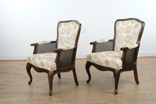 Load image into Gallery viewer, Pair Traditional Upholstered Armchairs with Cane Sides and Cabriole Legs