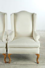 Load image into Gallery viewer, Pair of Traditional Wingback Lounge Chairs in Ivory Upholstery with Queen Anne Legs