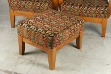 Load image into Gallery viewer, Pair of Contemporary Lounge Chairs with Ottoman Curved Wood Arms Geometric Upholstery