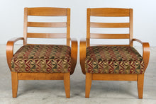 Load image into Gallery viewer, Pair of Contemporary Lounge Chairs with Ottoman Curved Wood Arms Geometric Upholstery