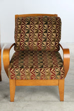Load image into Gallery viewer, Pair of Contemporary Lounge Chairs with Ottoman Curved Wood Arms Geometric Upholstery