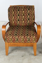 Load image into Gallery viewer, Pair of Contemporary Lounge Chairs with Ottoman Curved Wood Arms Geometric Upholstery