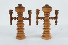 Load image into Gallery viewer, Pair Turned Wood Candelabra Candle Holders 3 Arm Rustic 12 Inch