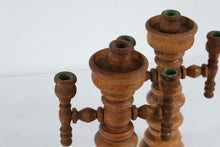 Load image into Gallery viewer, Pair Turned Wood Candelabra Candle Holders 3 Arm Rustic 12 Inch