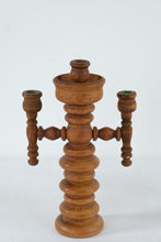 Load image into Gallery viewer, Pair Turned Wood Candelabra Candle Holders 3 Arm Rustic 12 Inch