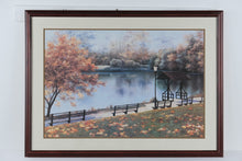 Load image into Gallery viewer, D. Romanelli “Autumn Reflections” Large Framed Print – Lakeside Park Scene with Benches – 42.5" x 32"