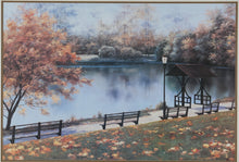 Load image into Gallery viewer, D. Romanelli “Autumn Reflections” Large Framed Print – Lakeside Park Scene with Benches – 42.5" x 32"