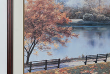 Load image into Gallery viewer, D. Romanelli “Autumn Reflections” Large Framed Print – Lakeside Park Scene with Benches – 42.5" x 32"