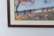 Load image into Gallery viewer, D. Romanelli “Autumn Reflections” Large Framed Print – Lakeside Park Scene with Benches – 42.5" x 32"