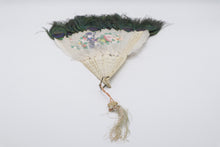 Load image into Gallery viewer, Antique Chinese Feather Hand Fan Peacock Feathers Painted Floral Figural 20 Inch