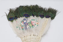 Load image into Gallery viewer, Antique Chinese Feather Hand Fan Peacock Feathers Painted Floral Figural 20 Inch