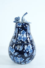 Load image into Gallery viewer, Bombay Blue & White Porcelain Pear Jar with Butterfly Lid – 14" Tall • Decorative Lidded Container