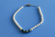 Load image into Gallery viewer, White Imitation Pearl Necklace Green Beads Rhinestone Silver Tone Clasp