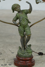 Load image into Gallery viewer, Antique French Art Nouveau Figural Boy Lamp Pecheur 2 Light Spelter 19 Inch