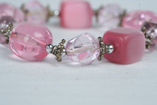 Load image into Gallery viewer, Pink Glass Beaded Stretch Bracelet Chunky Faceted Beads Silver Tone Accents
