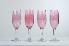Load image into Gallery viewer, Pink Champagne Flutes Etched Scroll Design Clear Stems Set of 4