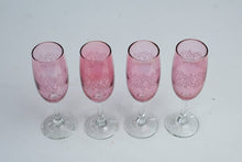 Load image into Gallery viewer, Pink Champagne Flutes Etched Scroll Design Clear Stems Set of 4