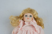 Load image into Gallery viewer, Porcelain Doll 9 Inch Blonde Curly Hair Blue Eyes Pink Lace Dress Collectible
