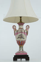 Load image into Gallery viewer, Vintage Hand-Painted Porcelain Urn Table Lamp with Pink Floral Motifs & Wood Base – 25” Tall