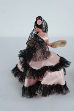 Load image into Gallery viewer, Pair Vintage Spanish Flamenco Dancer Dolls 10” Pink Satin Black Lace Mantilla Dresses w/ Bullfight Fans
