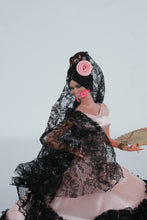 Load image into Gallery viewer, Pair Vintage Spanish Flamenco Dancer Dolls 10” Pink Satin Black Lace Mantilla Dresses w/ Bullfight Fans