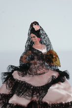 Load image into Gallery viewer, Pair Vintage Spanish Flamenco Dancer Dolls 10” Pink Satin Black Lace Mantilla Dresses w/ Bullfight Fans