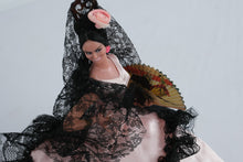 Load image into Gallery viewer, Pair Vintage Spanish Flamenco Dancer Dolls 10” Pink Satin Black Lace Mantilla Dresses w/ Bullfight Fans