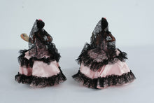 Load image into Gallery viewer, Pair Vintage Spanish Flamenco Dancer Dolls 10” Pink Satin Black Lace Mantilla Dresses w/ Bullfight Fans
