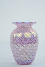 Load image into Gallery viewer, Pink Iridescent Hand Blown Art Glass Vase Pulled Feather Swirl 4 Inch