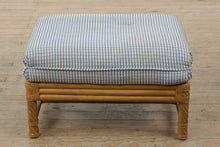 Load image into Gallery viewer, Wicker Rattan Ottoman with Blue Check Upholstered Cushion – Coastal Style Footstool, 28” Wide