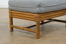 Load image into Gallery viewer, Wicker Rattan Ottoman with Blue Check Upholstered Cushion – Coastal Style Footstool, 28” Wide