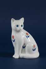Load image into Gallery viewer, Large White Ceramic Cat Figurine Blue Eyes Floral Decor Statue