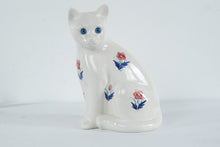 Load image into Gallery viewer, Large White Ceramic Cat Figurine Blue Eyes Floral Decor Statue